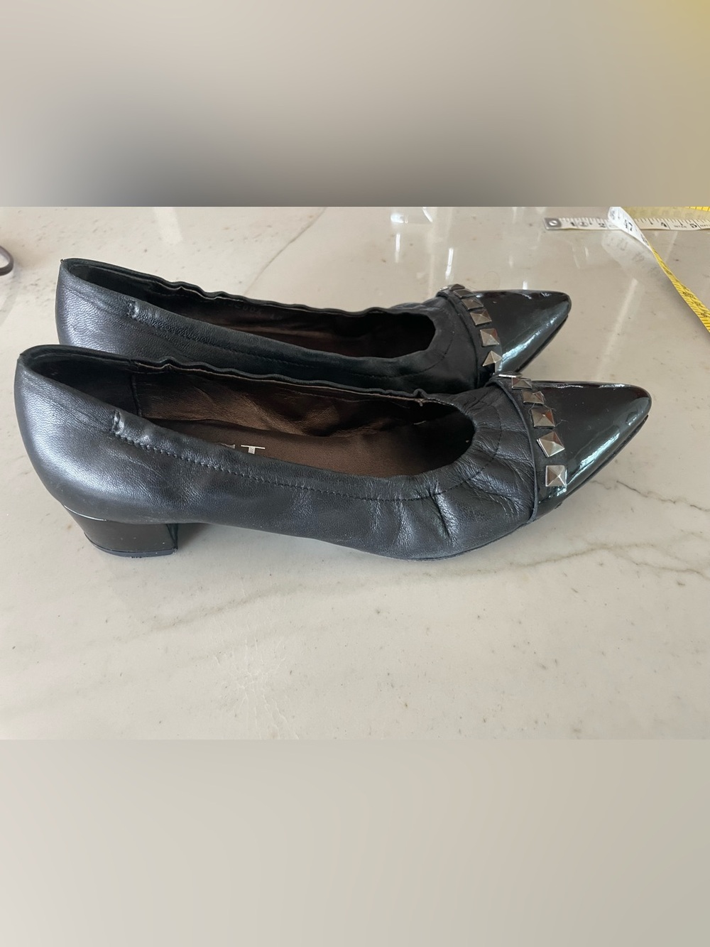 AGL Attilio Giusti Leombruni Black Leather Studded Cap Toe Low Block Heel 40